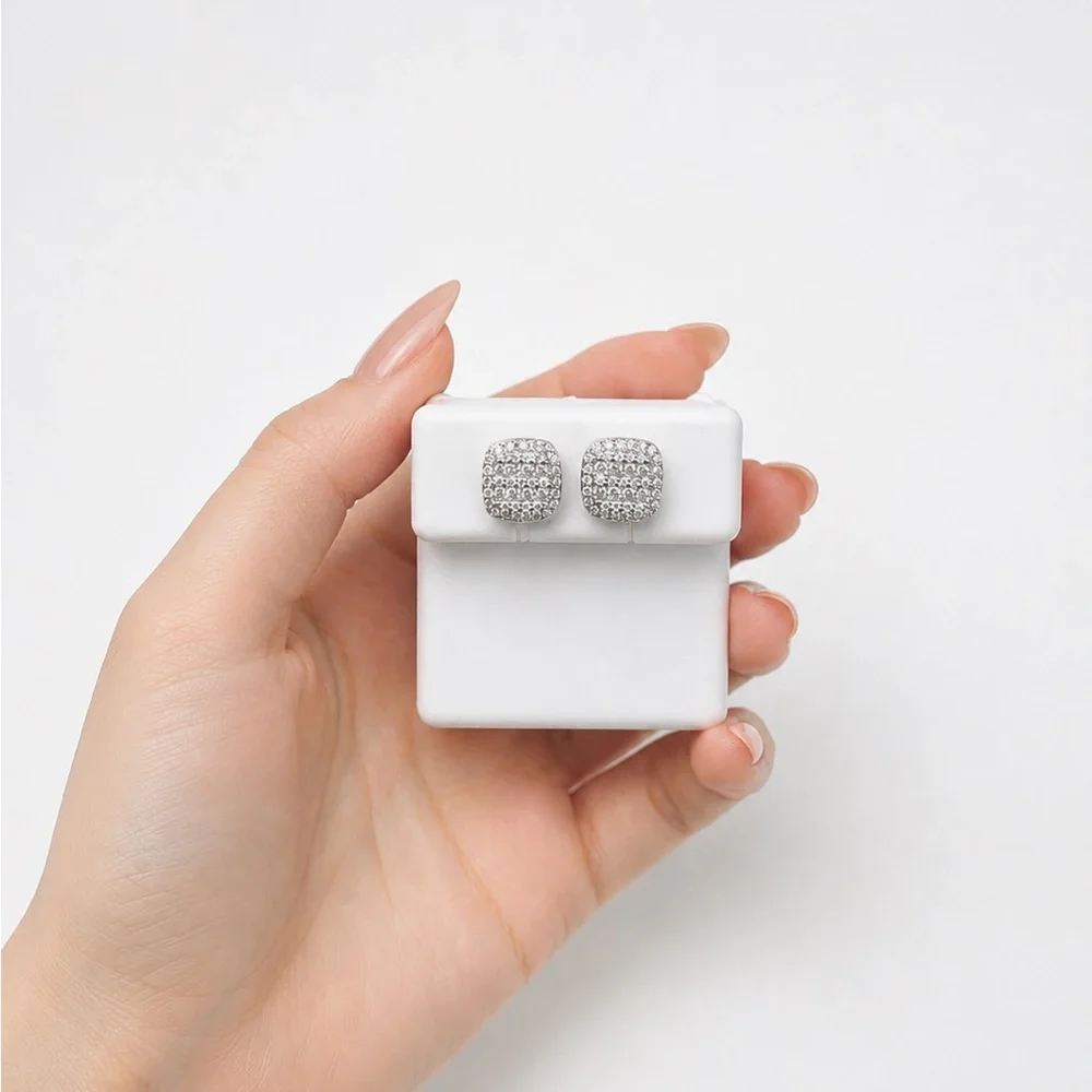 925 Sterling Silver 1.37CT MOISSANITE Pave Square Stud Earrings Screw Back